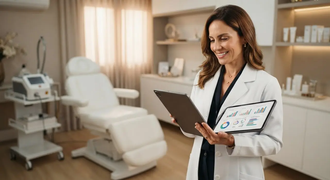 Aesthetic professional reviewing a qualified lead's summary provided by an AI company system before the consultation.