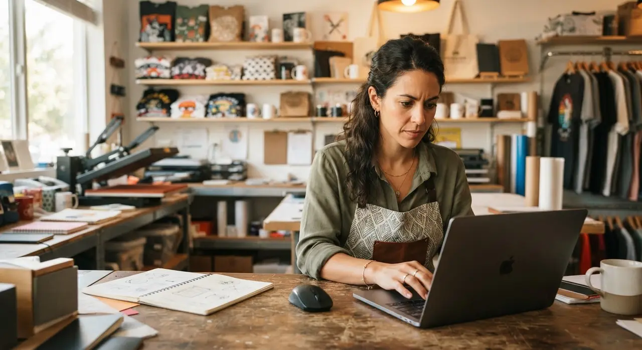Dueño de loja virtual de personalizados creando propuestas comerciales con IA
