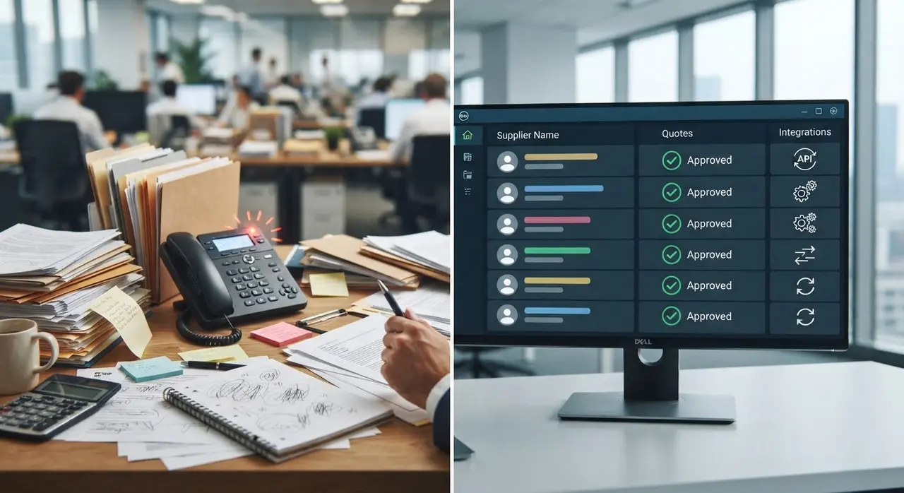 Comparison of a messy desk and a digital dashboard showing an AI agent organizing supplier quotes