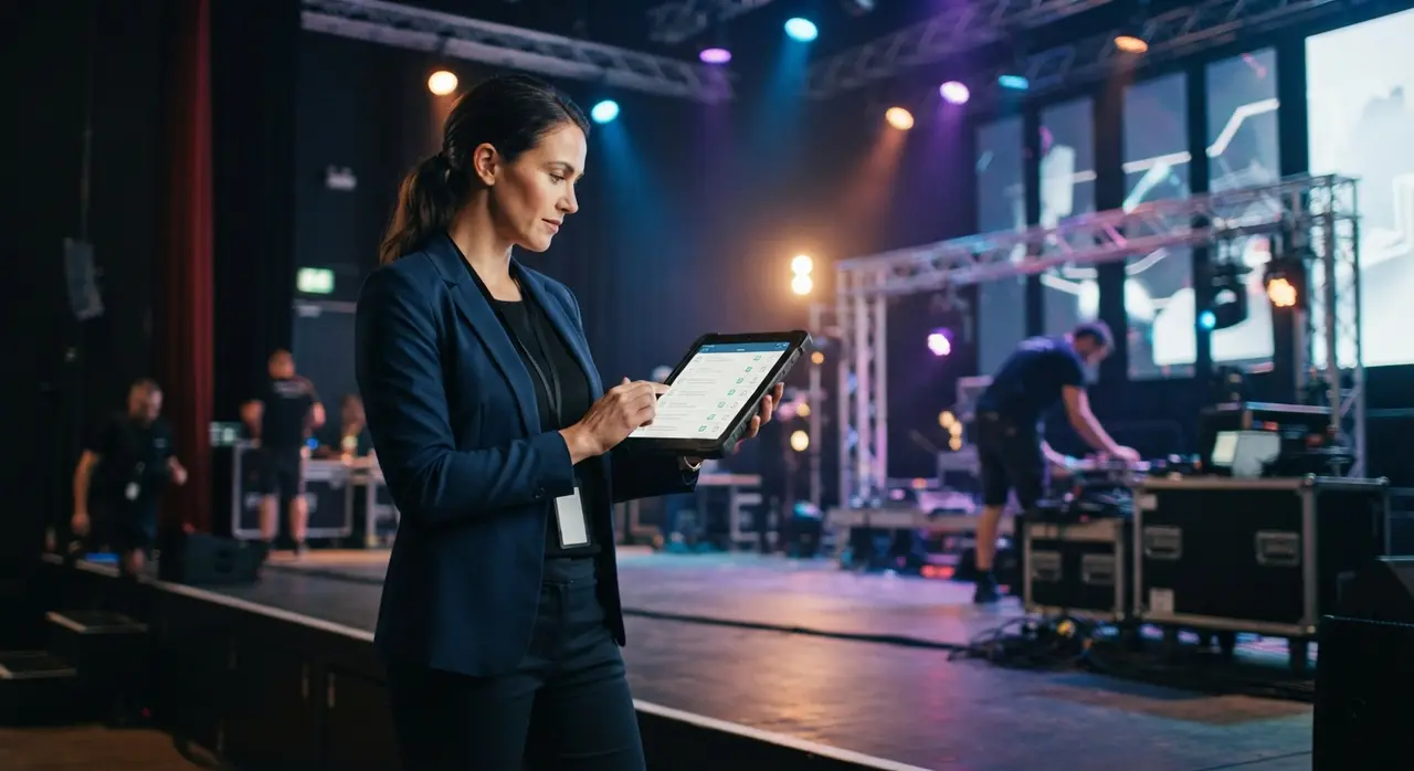 Event manager using a tablet to monitor supplier deliveries tracked by an AI agent