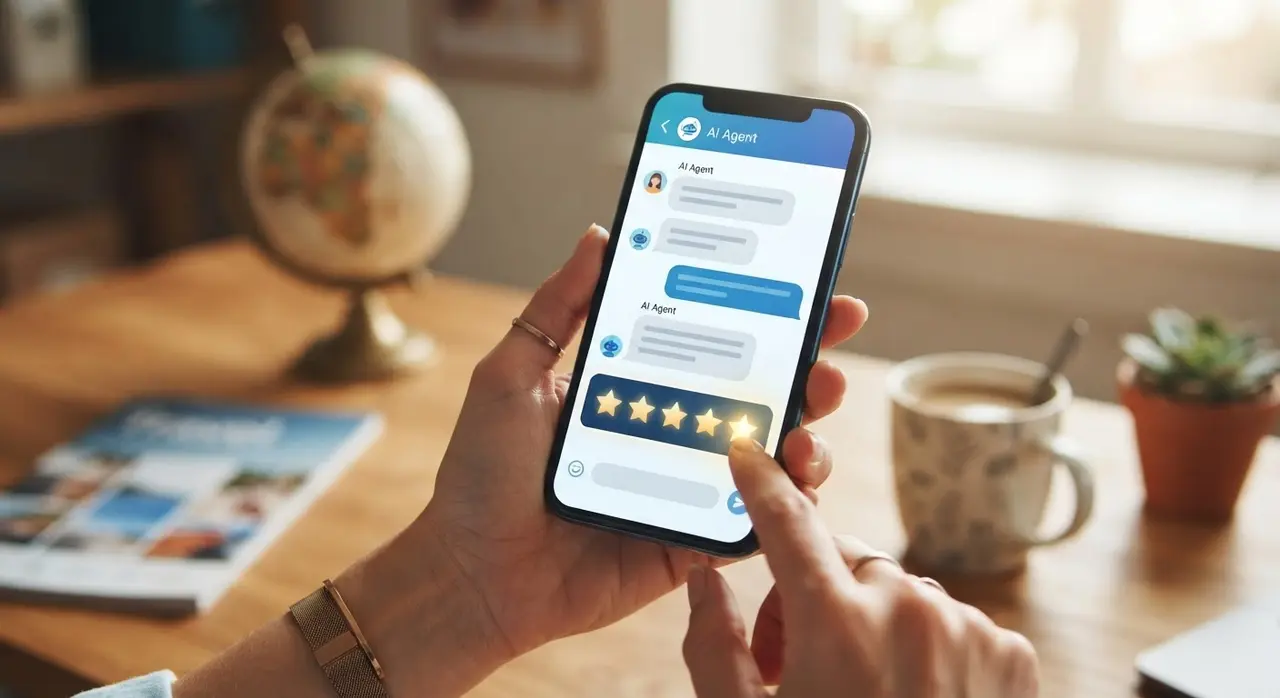 Smartphone showing a post-travel satisfaction survey powered by intelligent automation