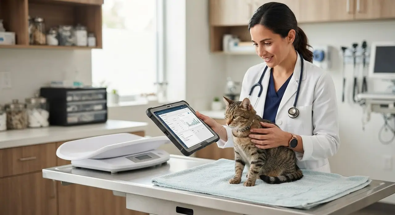 Veterinarian checking automated care schedule on a tablet powered by generative AI