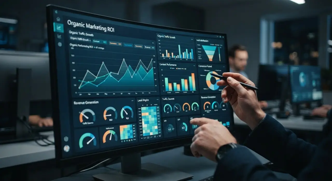 Gráfico de desempenho financeiro e análise de ROI do blog orgânico em painel digital
