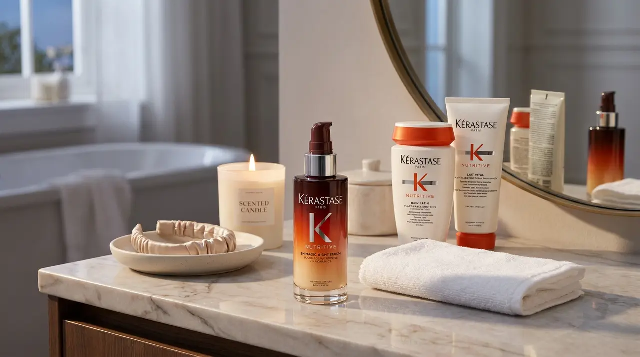 Kérastase nutritive night serum bottle on a nightstand