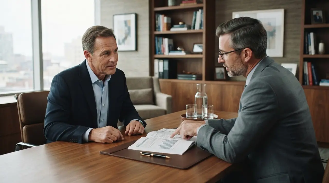 Empresário e conselheiro analisando um documento estratégico em uma mesa de escritório.