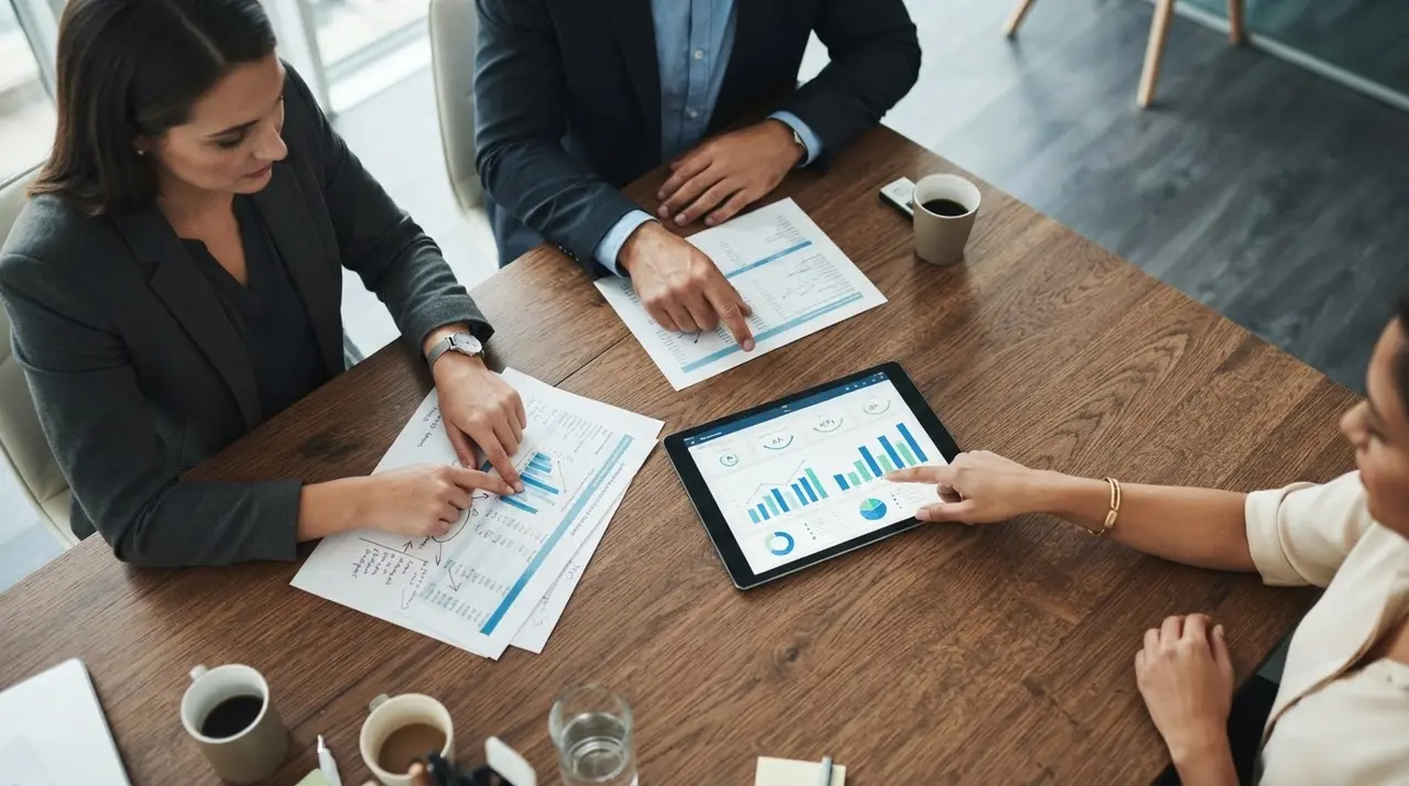 Gestores analisando dados e indicadores de performance sobre uma mesa de reunião