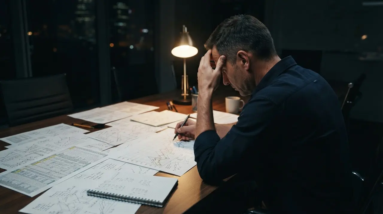Gestor analisando documentos e relatórios complexos sozinho em uma mesa de escritório.