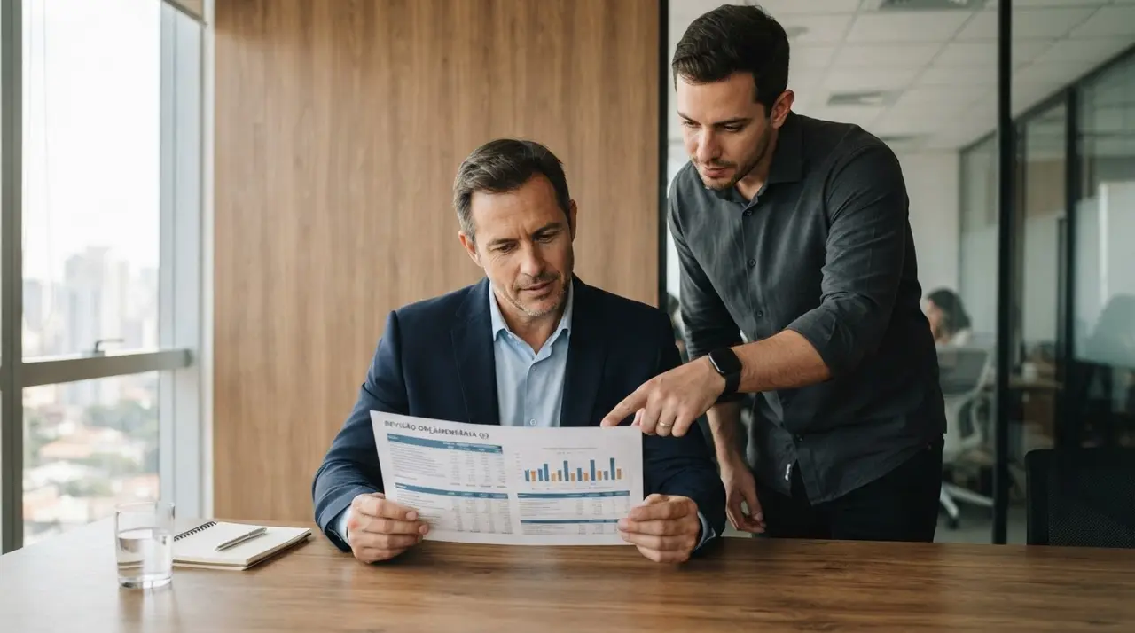 Gestores analisando dados e debatendo estratégias em um escritório