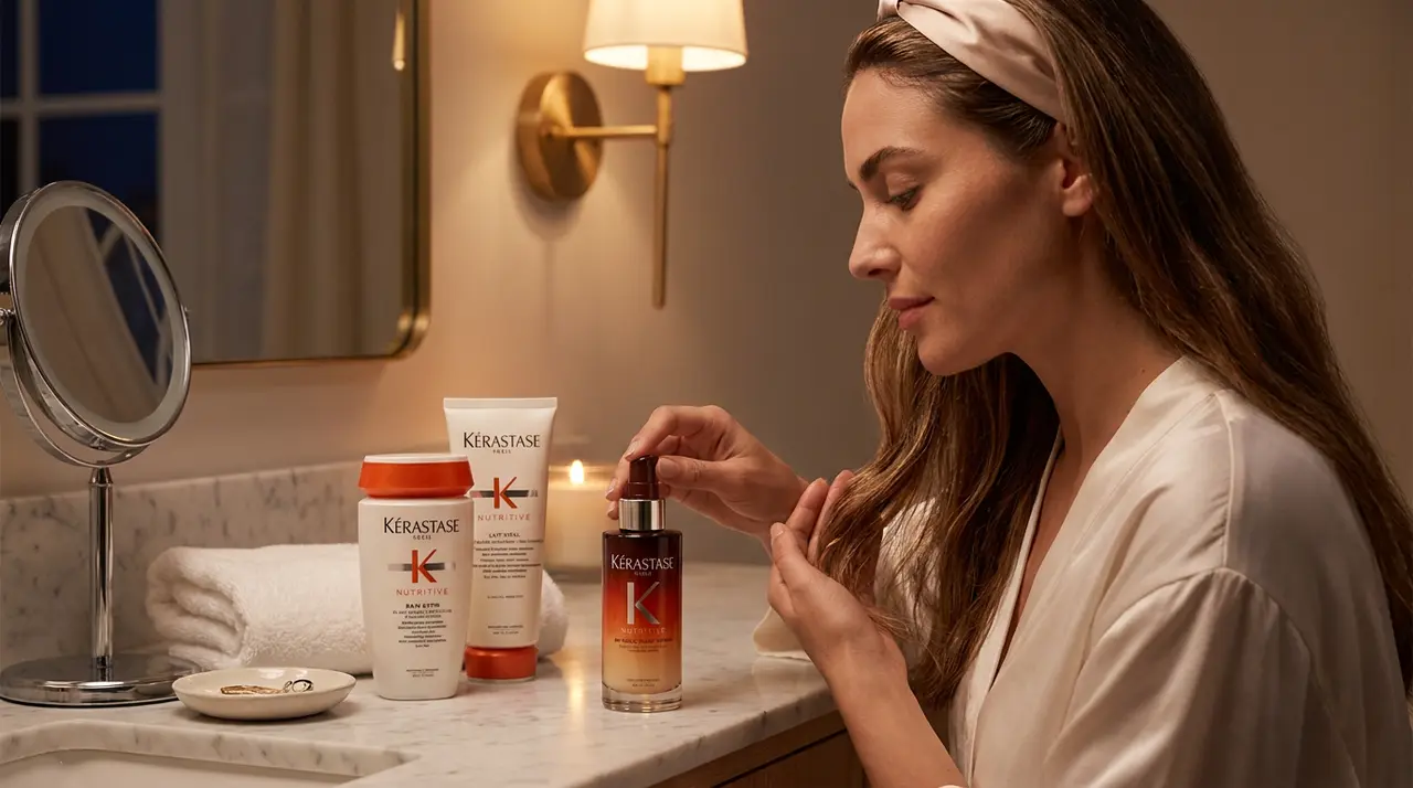 Applying Kérastase 8H Magic Night Serum to dry hair ends