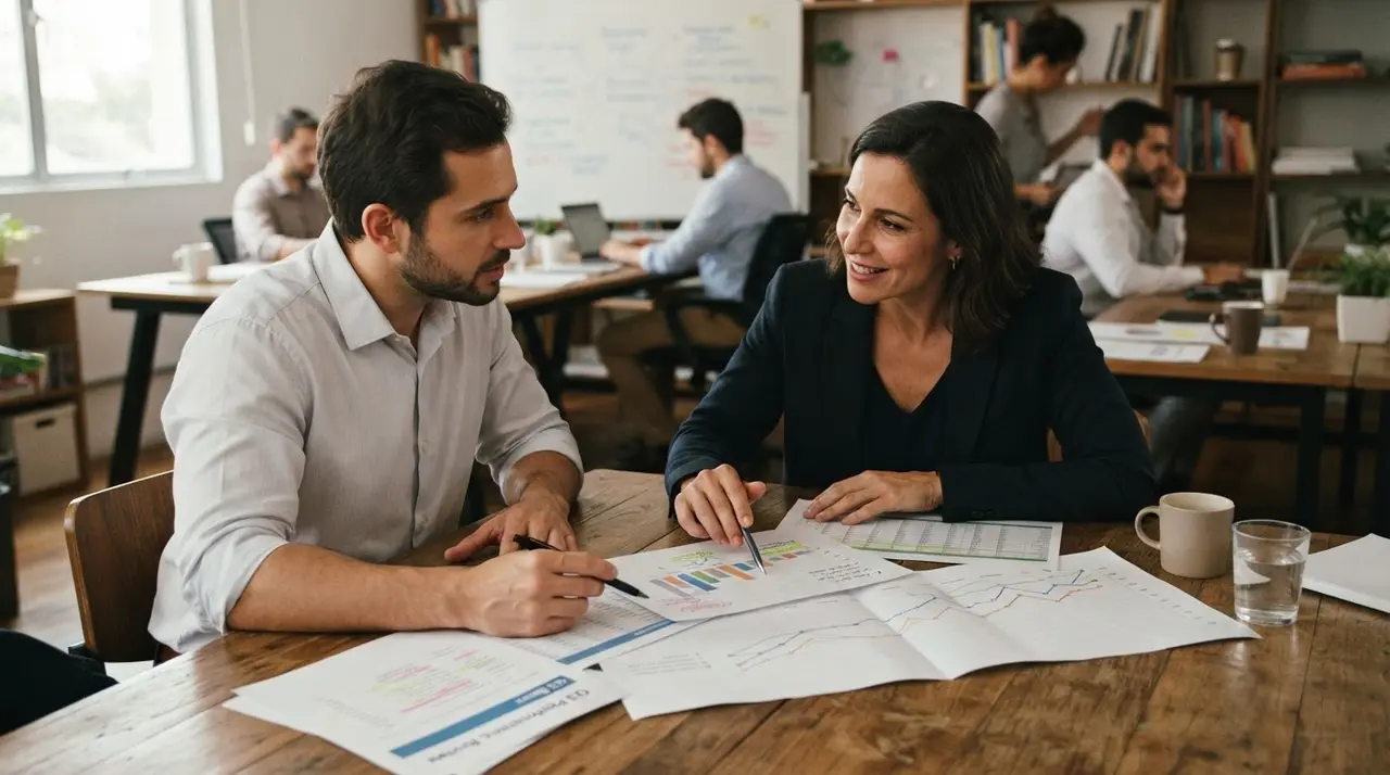 Gestores analisando evidências e gráficos em uma mesa de reunião
