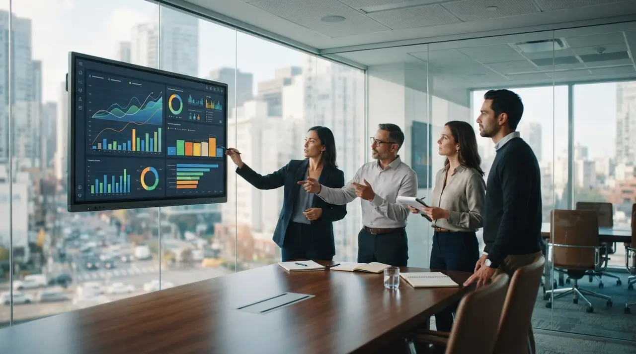 Gestores de marketing analisando os resultados do blogpost automático em uma reunião de estratégia