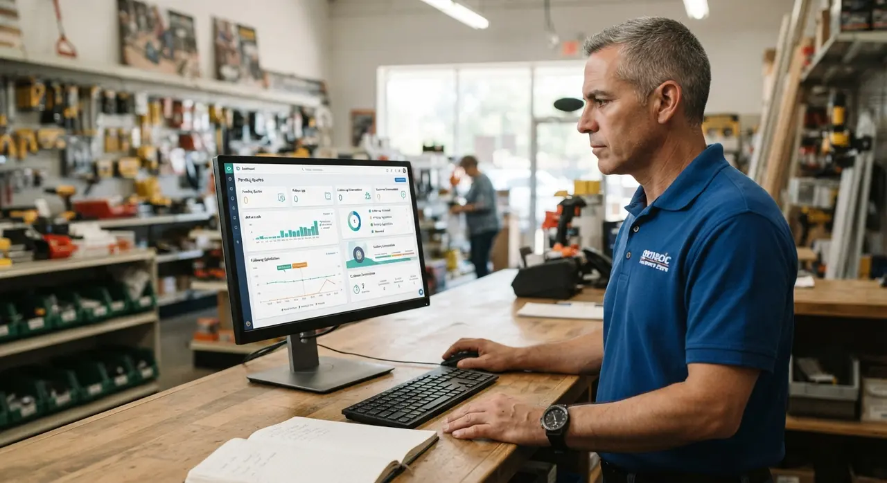 A split view showing manual sales compared to automated customer service managing quotes in a hardware store