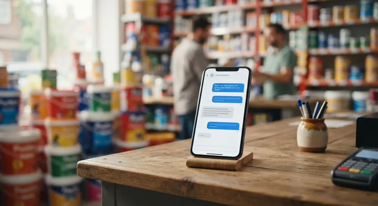 Smartphone displaying a customer service robot recovering a lost paint quote on a workbench
