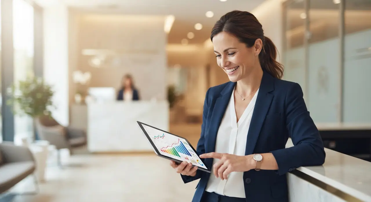 Clinic manager reviewing increased patient retention and repurchase metrics driven by AI automation