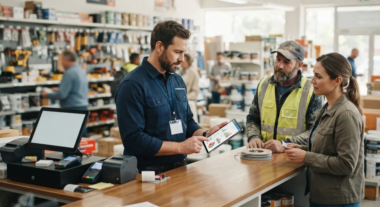Long lines at a hardware store counter showing the need for commercial automation and better customer flow.