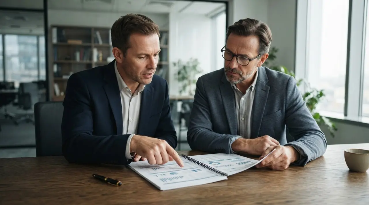 Executivos analisando relatório financeiro e ponderando riscos em escritório