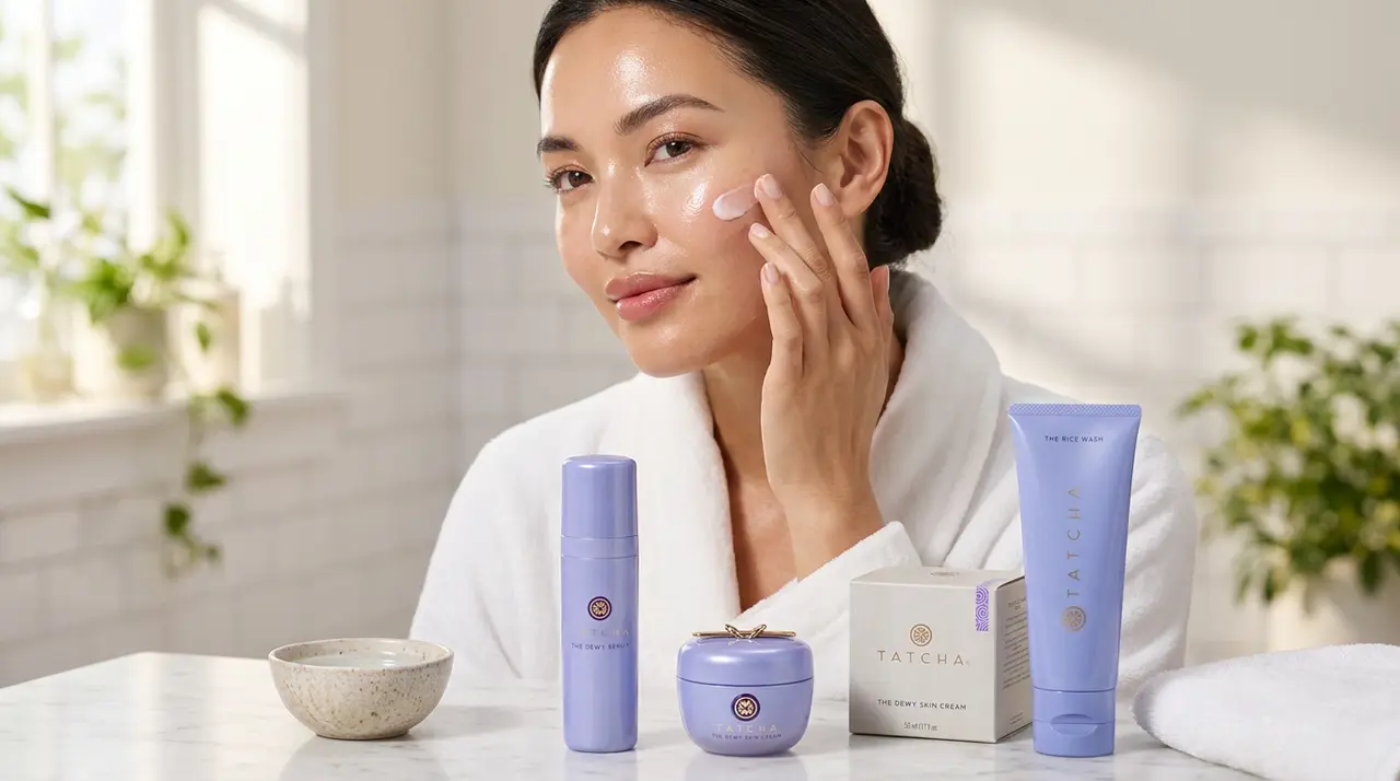 Applying Tatcha Dewy Skin Cream for a dewy finish
