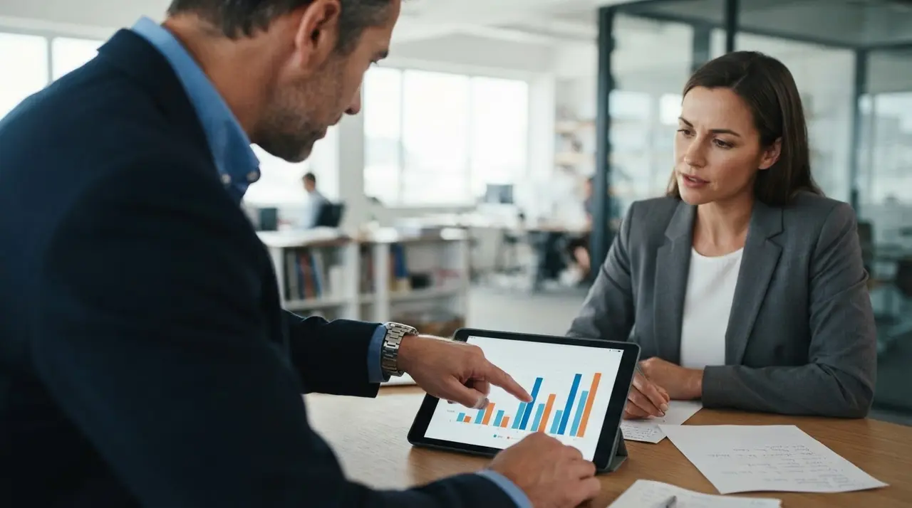 Dois gestores debatendo dados estratégicos de forma construtiva em um escritório