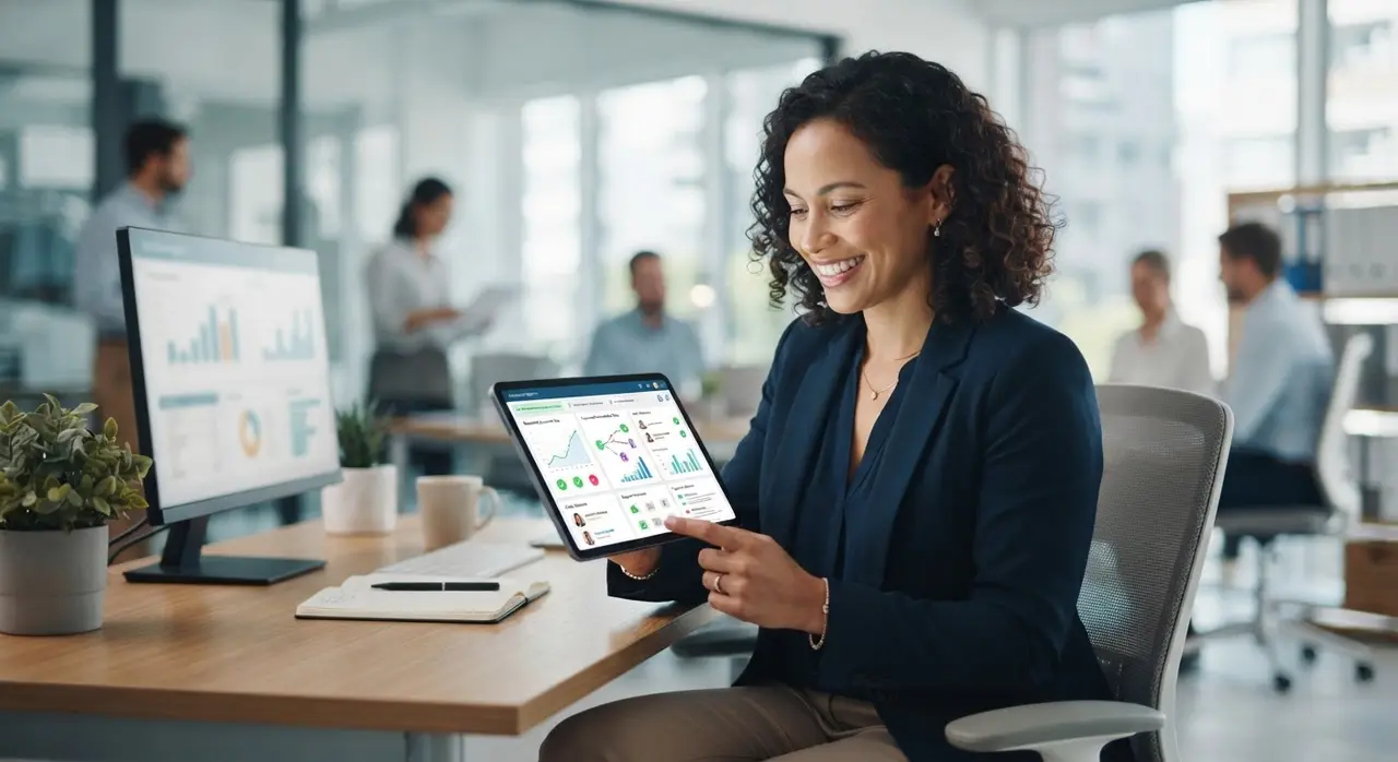 Insurance broker reviewing automated collection metrics on a tablet dashboard