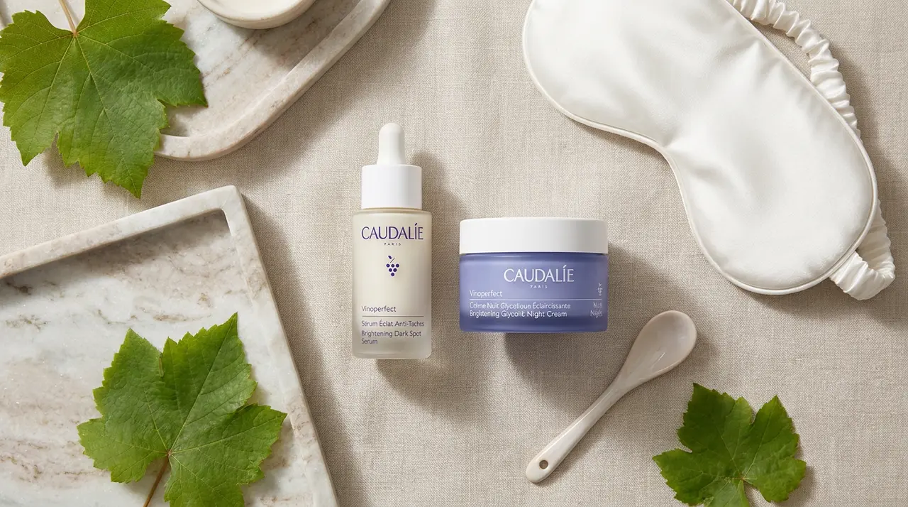 Caudalie Vinoperfect Serum and night cream displayed together