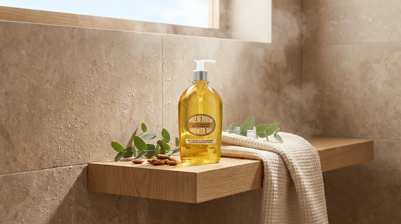 L’Occitane Almond Shower Oil bottle on a bathroom shelf