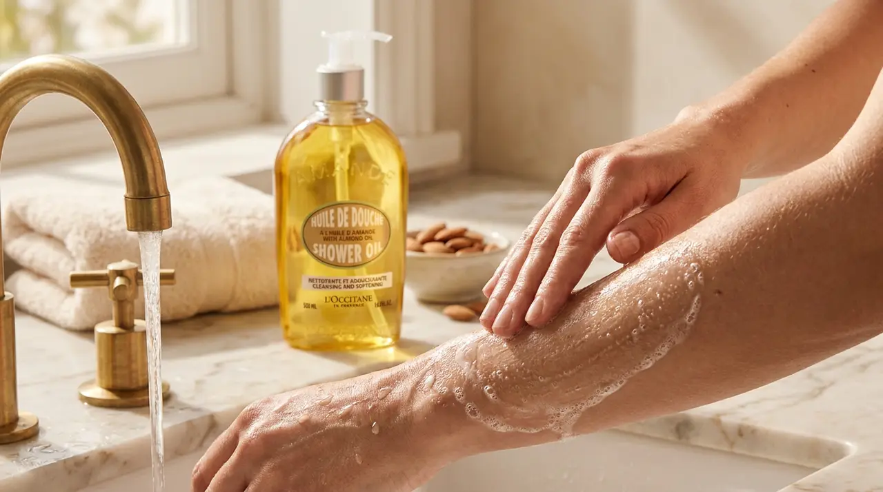 Applying L’Occitane Almond Shower Oil to damp skin