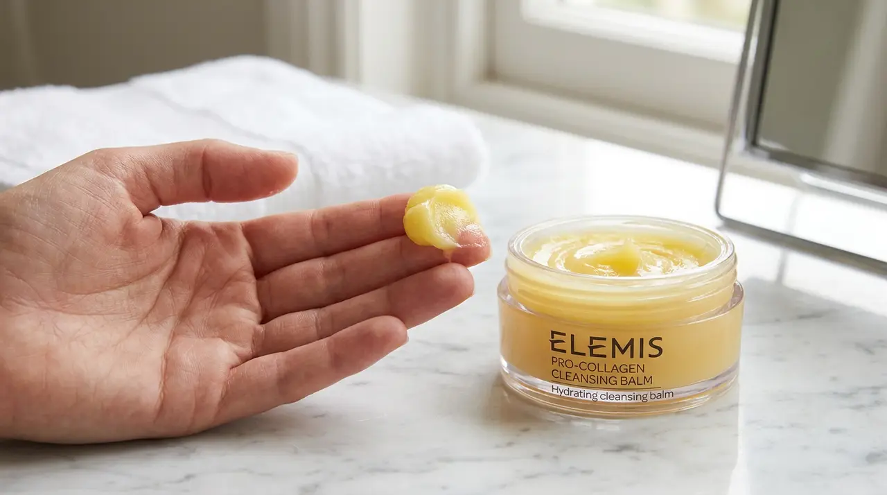 Texture of ELEMIS Pro-Collagen Cleansing Balm on fingertips before application