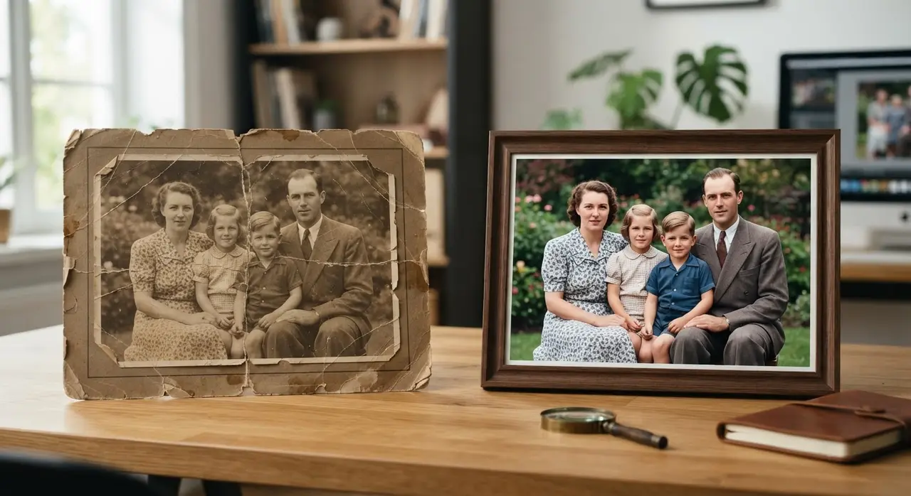A comparison showing how to recover old photos and improve image quality using AI technology.