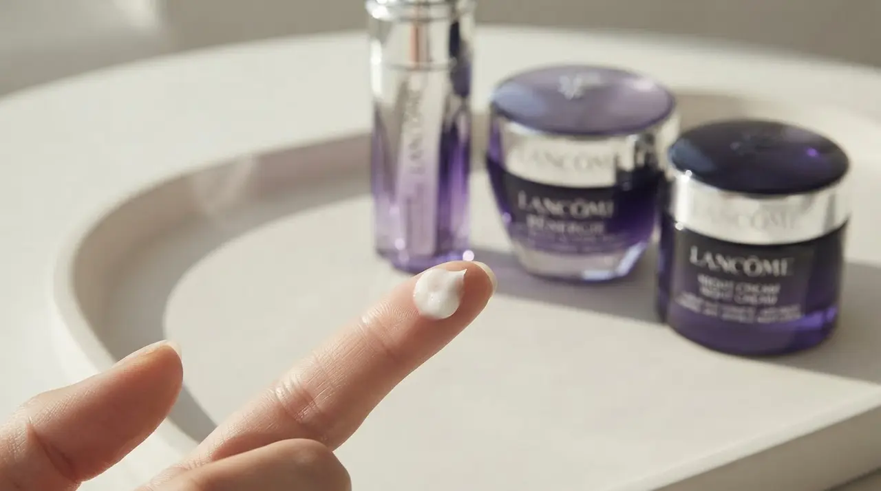 White skincare product on a fingertip with bottles and jars in the background