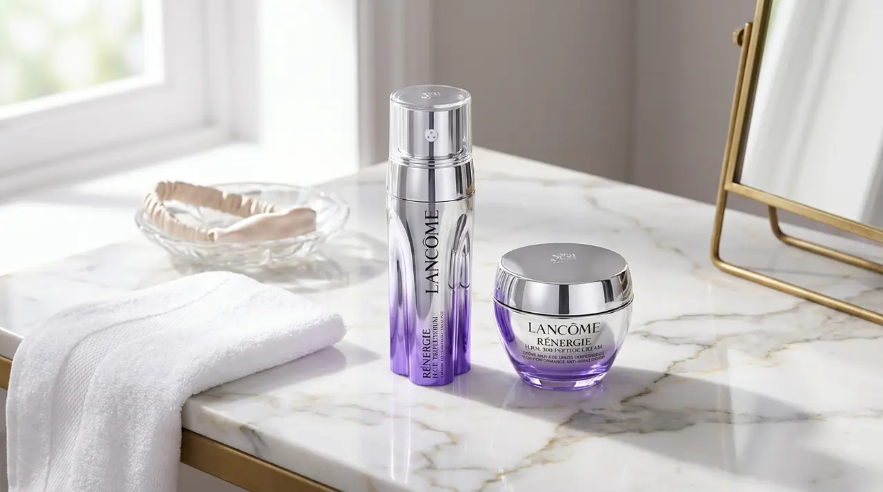 Lancome Renergie HCF Triple Serum bottle showing the unique triple chamber pump design.