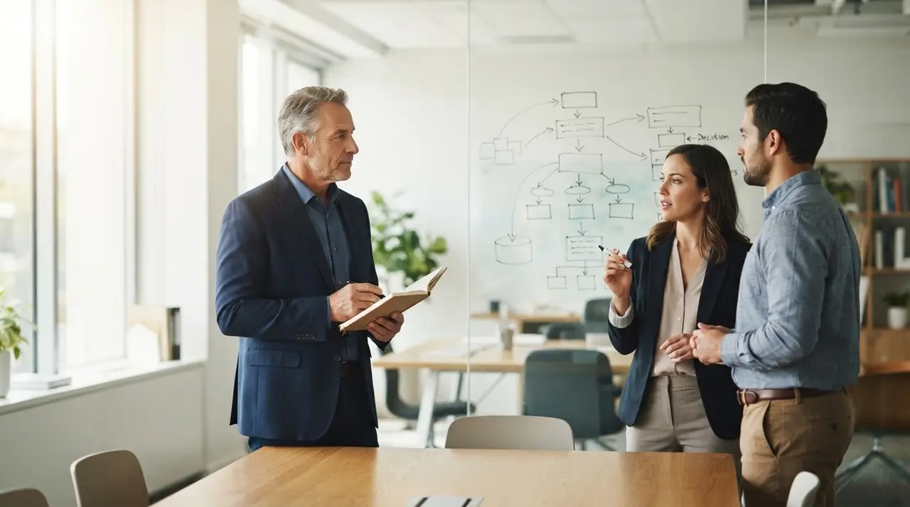 Gestores analisando dados e tomando decisões de negócios em uma mesa de reunião.