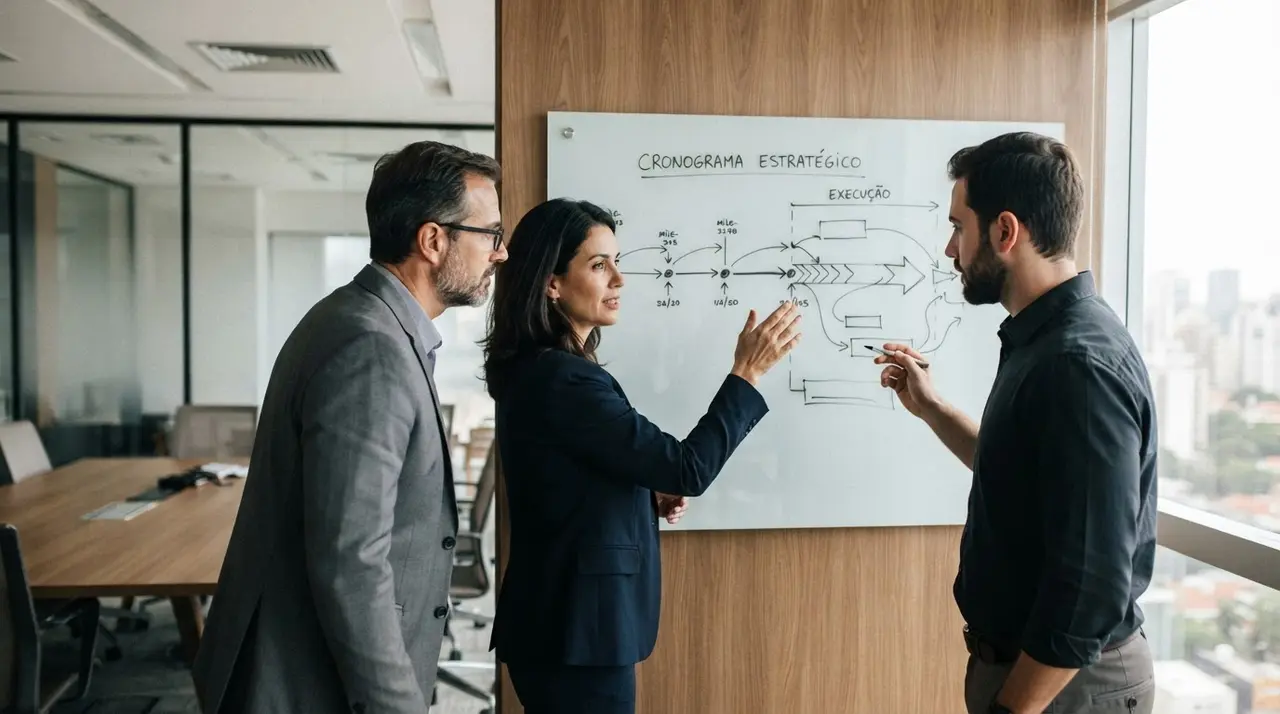 Executivos analisando um cronograma de execução em uma sala de reunião