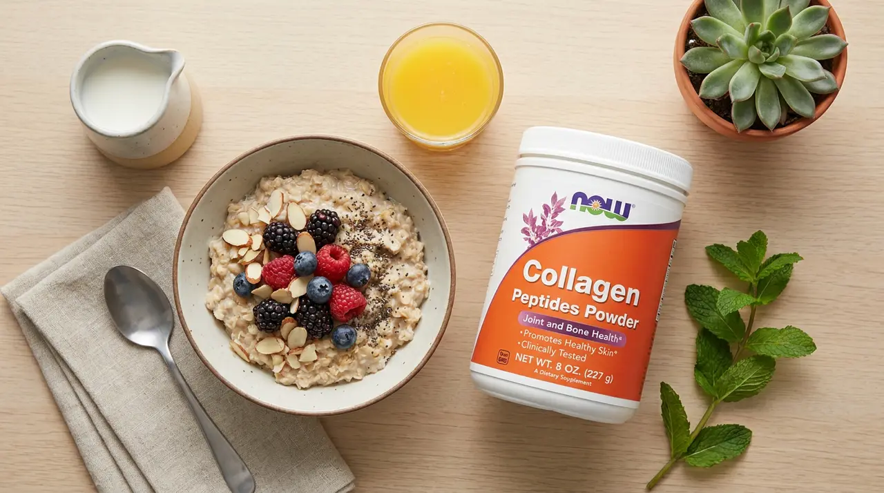NOW Collagen Peptides Powder container in a kitchen setting