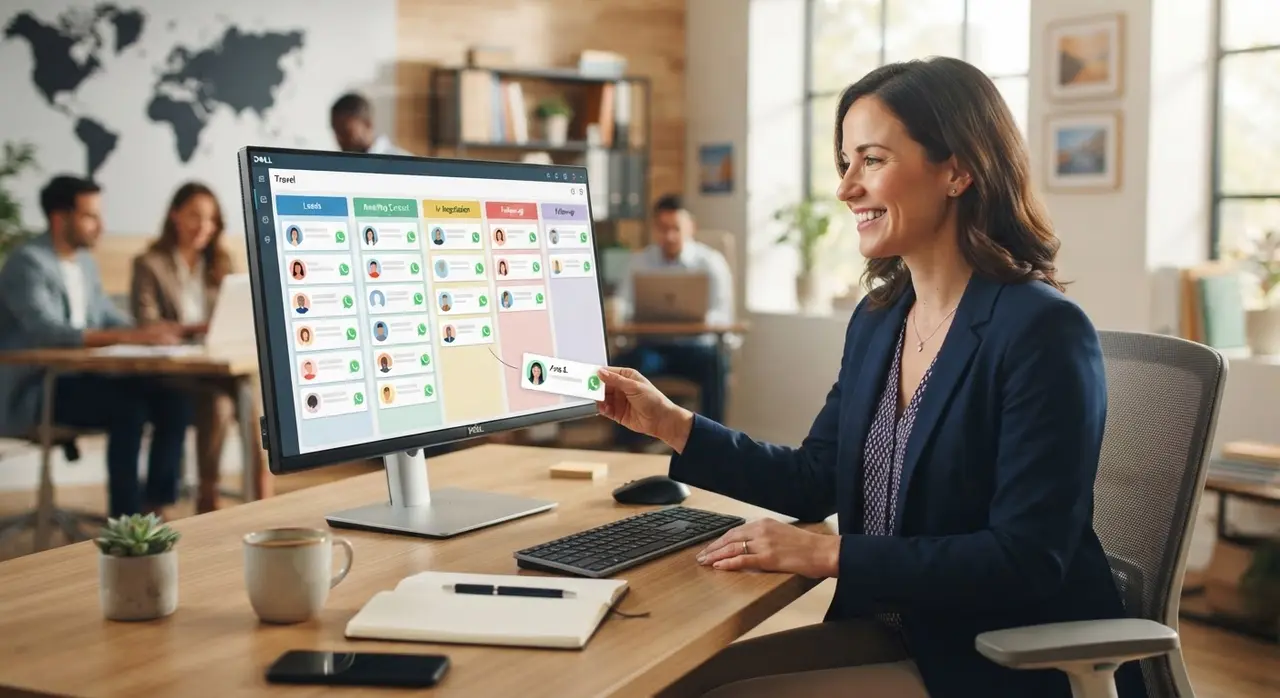 Vendedor utilizando um CRM no computador para organizar seu funil de vendas no whatsapp com cartões visuais.
