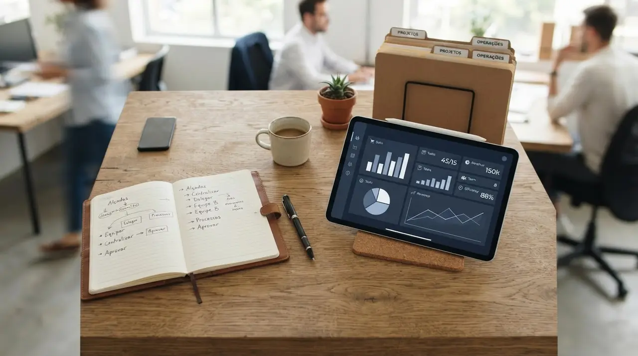 Mesa de trabalho organizada com bloco de notas e painel de indicadores empresariais