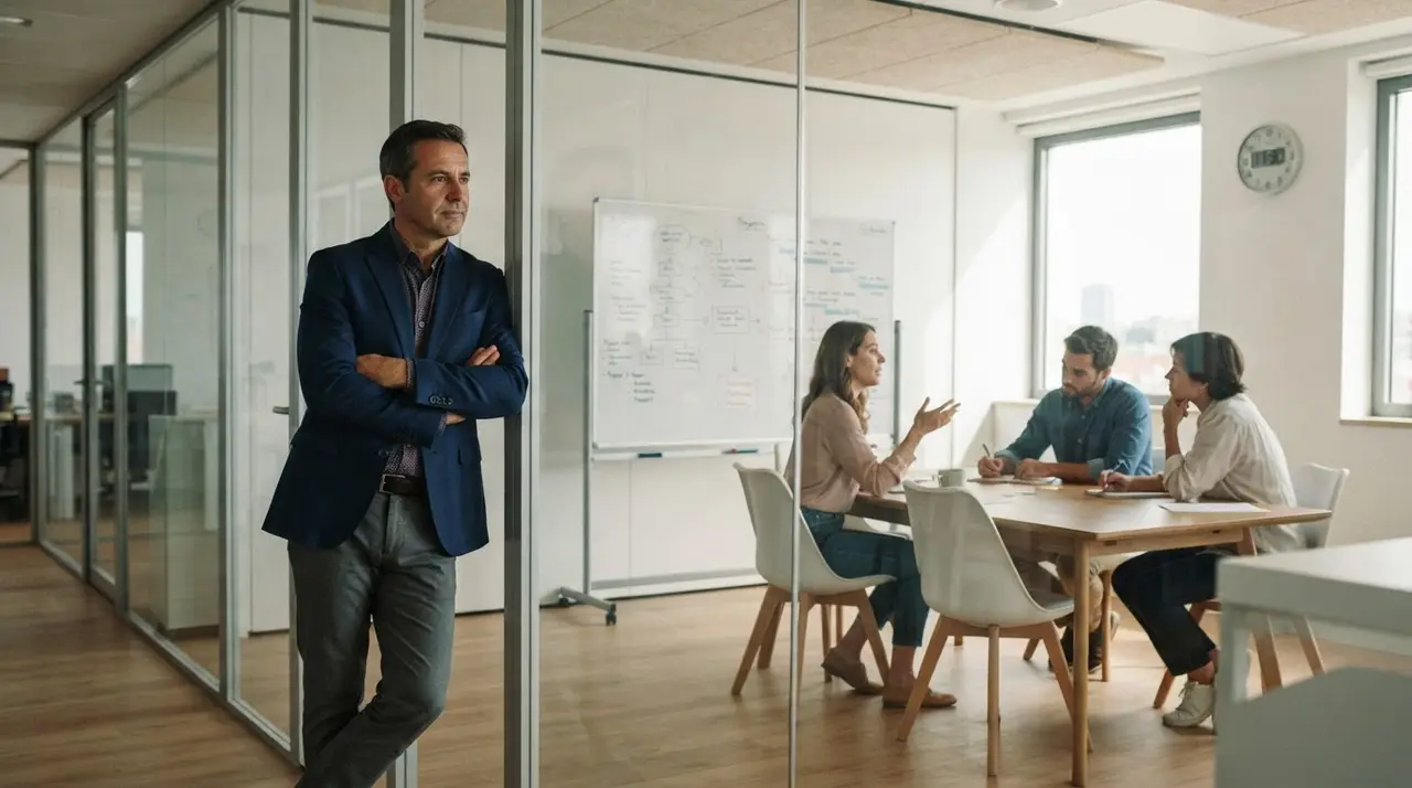 Gestor analisando indicadores de performance da empresa enquanto a equipe trabalha de forma autônoma