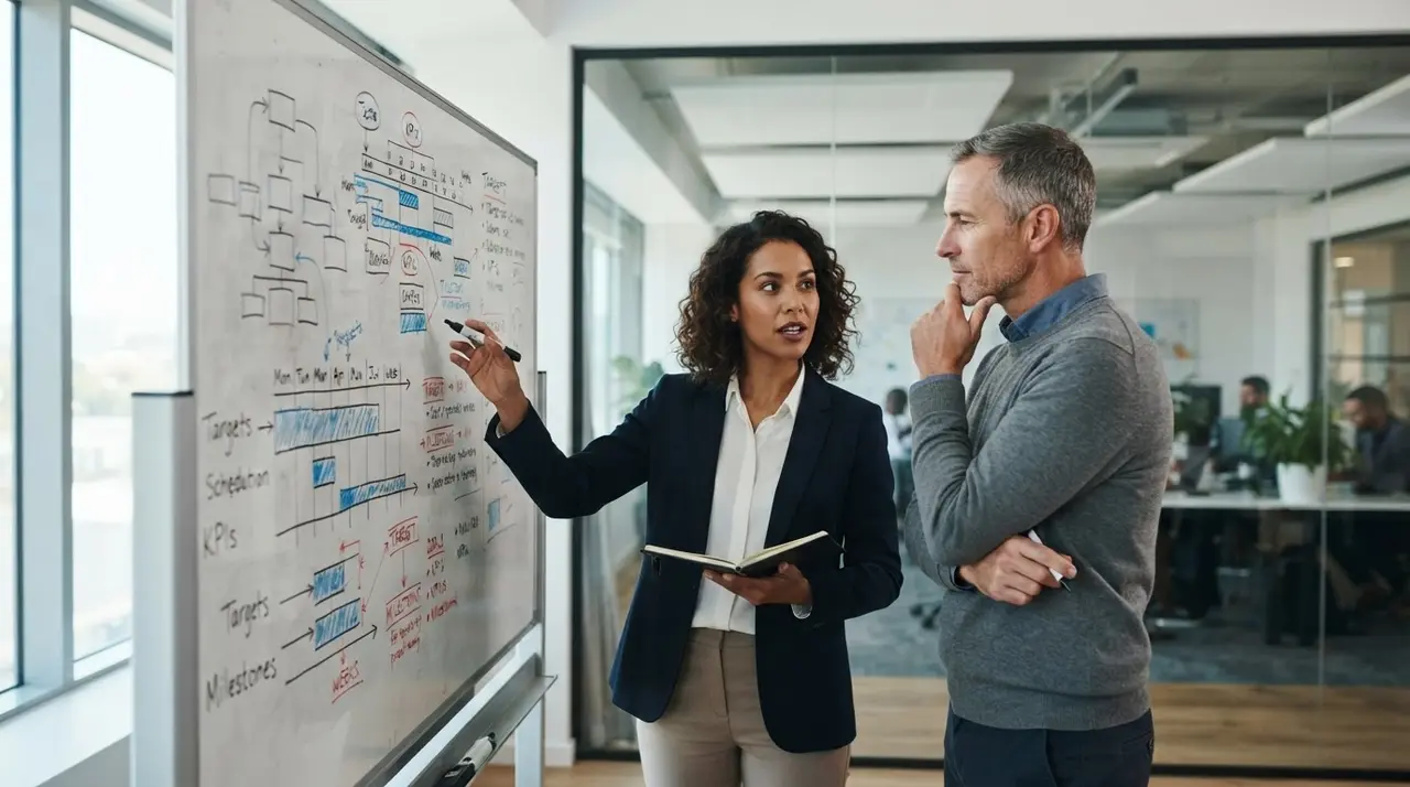 Gestores discutindo o planejamento tático e o acompanhamento de metas