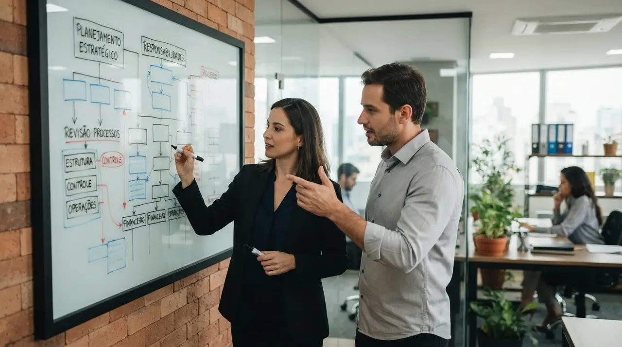 Gestores discutindo a estruturação de responsabilidades e processos em um quadro branco