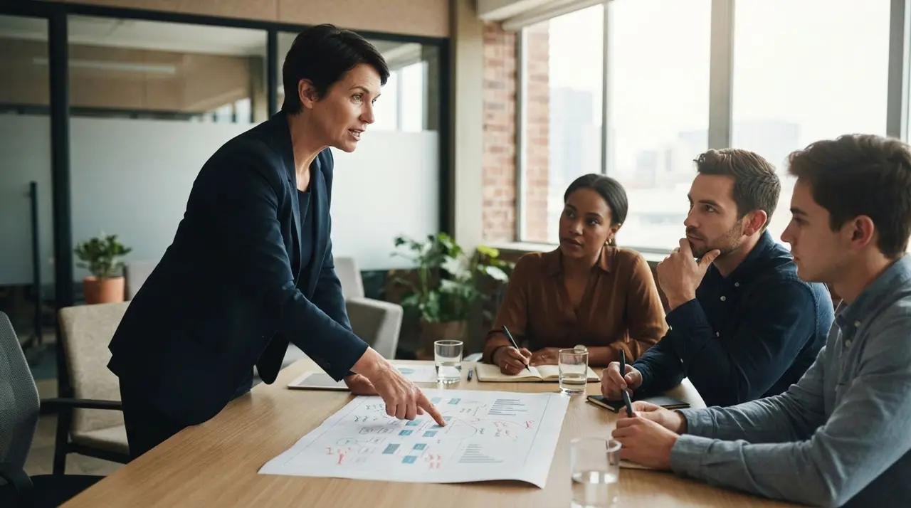 Gestor discutindo planejamento estratégico e delegação de tarefas com equipe em escritório corporativo