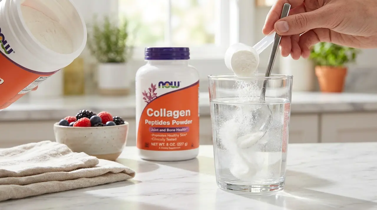 A scoop of NOW Collagen Peptides Powder being mixed into a glass of water.