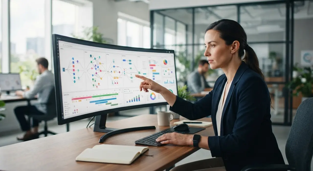 Profissional de marketing analisando métricas de desempenho e estrutura de pautas em um monitor.