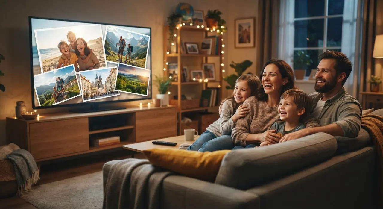 Família reunida assistindo a uma montagem de fotos de viagem emocionante criada com inteligência artificial.