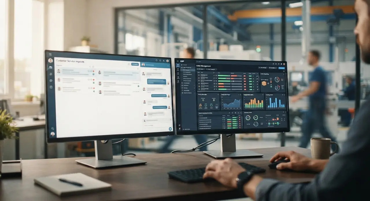 Interface de chat recebendo um social media request conectado ao painel de um ERP