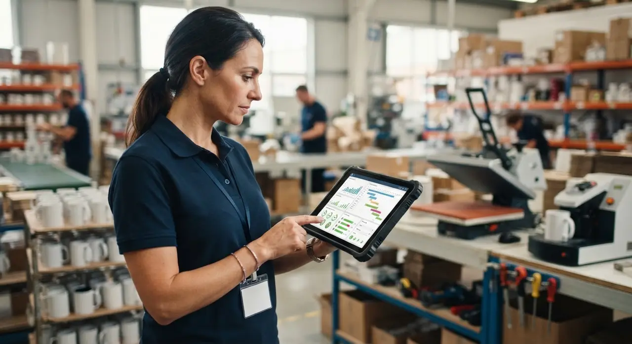 Gestor de produção de fábrica de brindes acompanhando a automação financeira pelo tablet