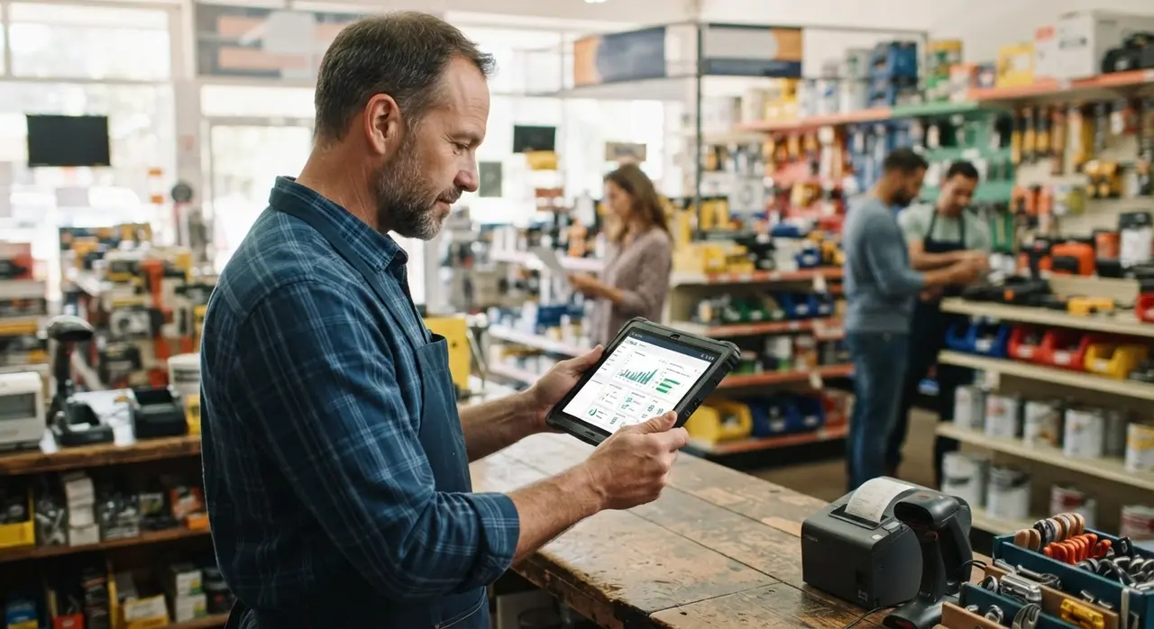 Dono de loja de materiais de construção visualizando orçamentos gerados por agente comercial de IA no tablet.