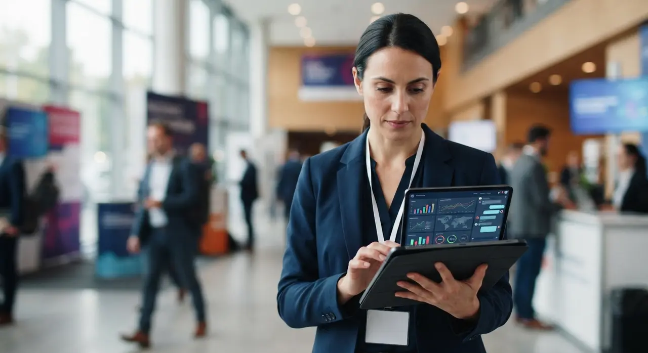 Asistente utilizando la app del evento con inteligencia artificial integrada para revisar la agenda y networking
