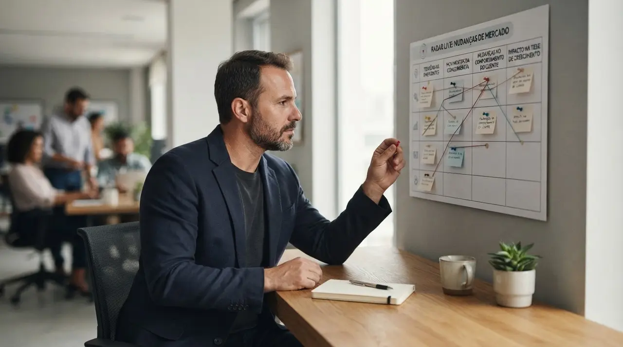 Executivos analisando projeções financeiras e cenários de mercado em um monitor.