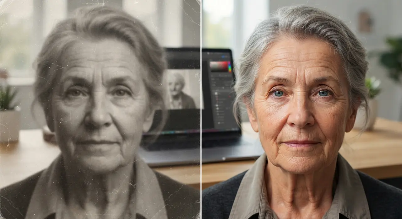 Comparação entre uma foto antiga danificada e uma foto restaurada com ia para melhorar foto.