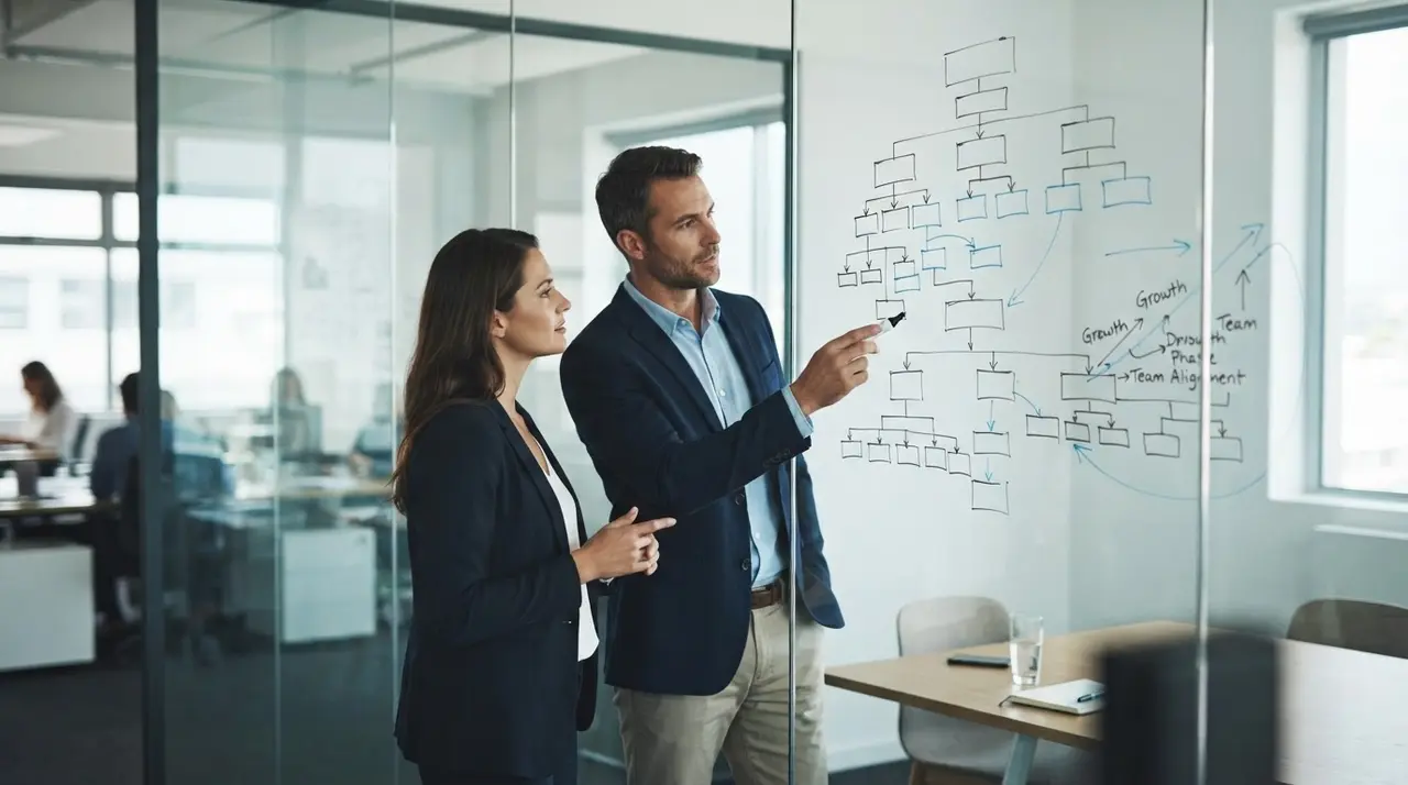 Executivos analisando fluxos de processos empresariais em um quadro branco durante planejamento estratégico