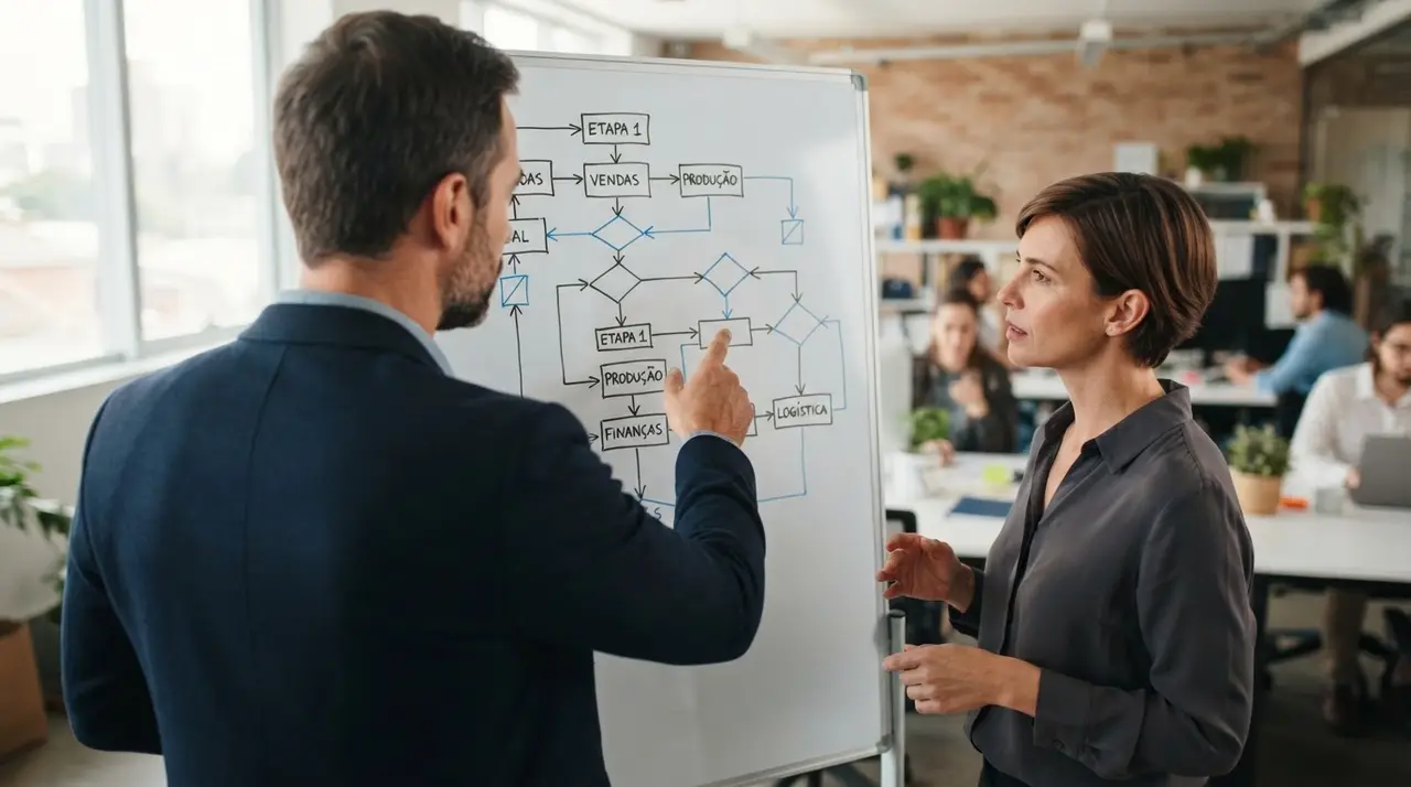 Gestores mapeando processos e estrutura operacional em um quadro branco